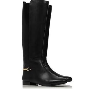 Tory Burch Tall Black Leather Riding Boots Horsebit Heel Logo Hardware Size 5